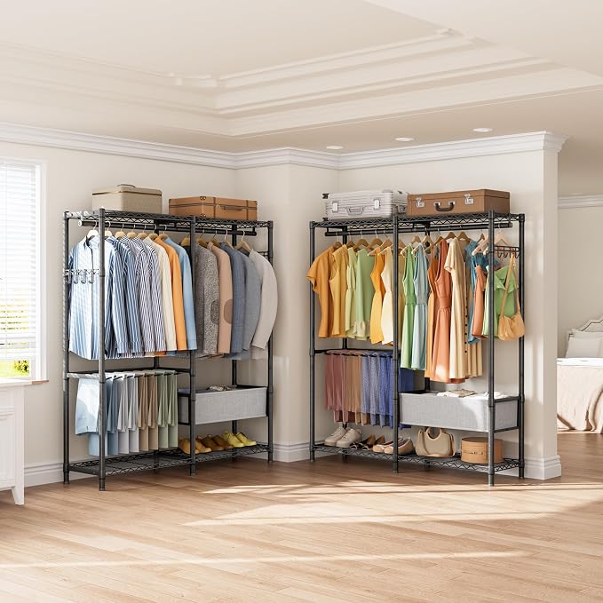 Golpart Clothes Rack Coat Rack Closet Organizers and Storage Laundry Room Organization Heavy Duty Portable Clothing Racks for Hanging Clothes Adjustable Freestanding with Shelves and Wheels Black
