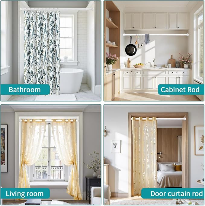 YNL Tension Shower Curtain Rod 34-96 Inches（2.8-8ft) Adjustable Spring Shower Rod No Drilling, Non-Slip, Never Rust, Stainless Steel, Suitable for Bathroom Window Kitchen,White