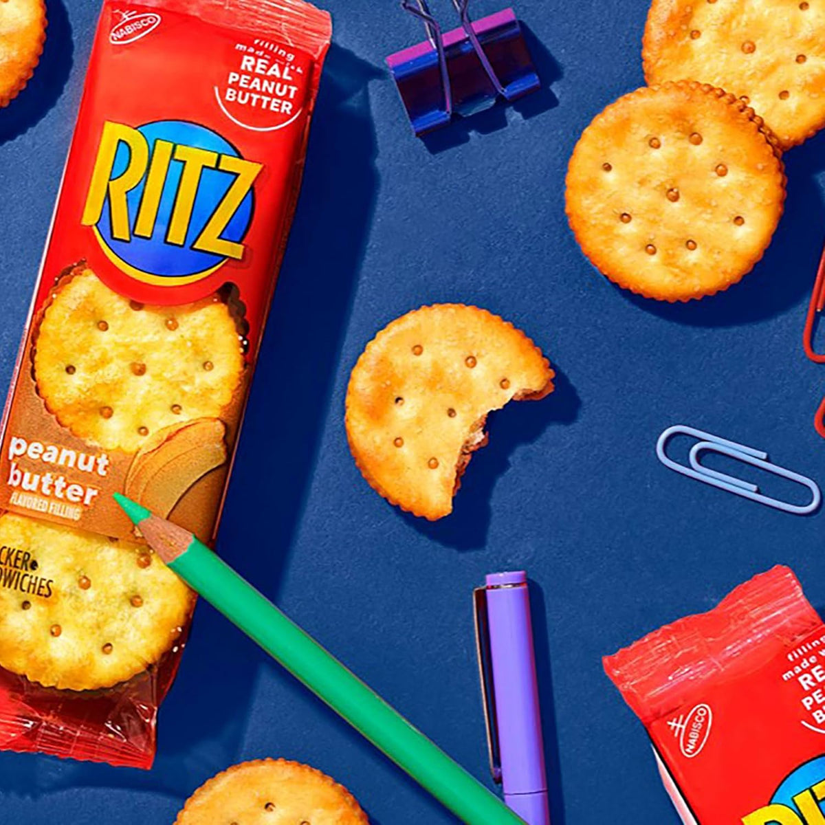 ritz peanut butter and cheese sandwich crackers variety pack, 32 snack packs, 6 crackers per pack