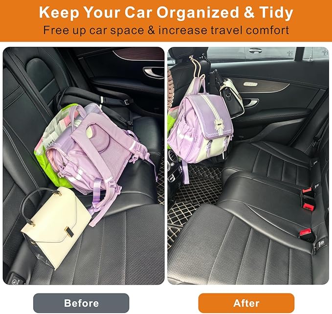 Idefair Car Headrest Hooks, 4 Pack Universal Car Hooks for Bag Purse Groceries, Heavy Duty Car Seat Back Storage Organizers Holds Up to 60LBS/Per Hook - Black Leather/2S+2L