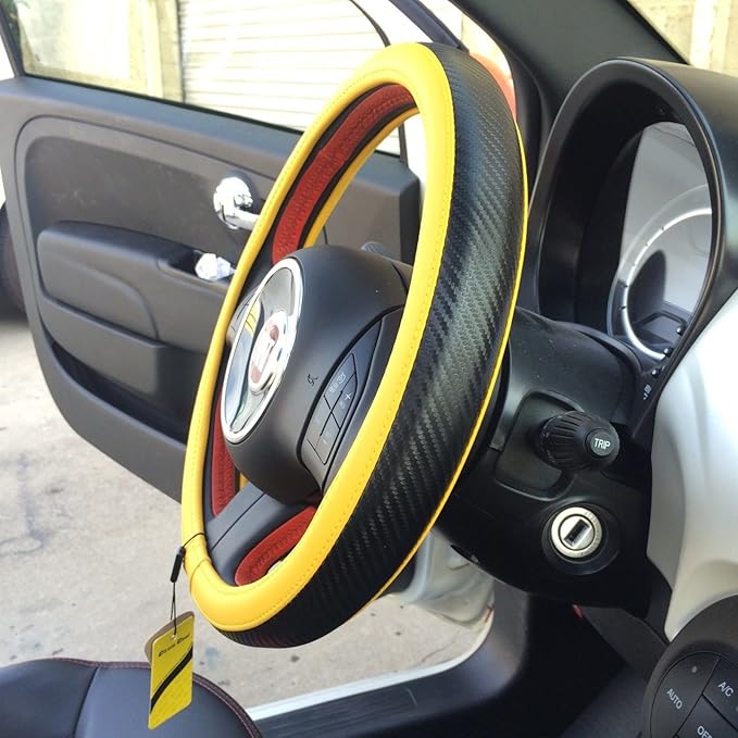 Jdragon Yellow & Carbon Fiber Style PVC Leather Slip-On Steering Wheel Cover 14.25-15" Diameter