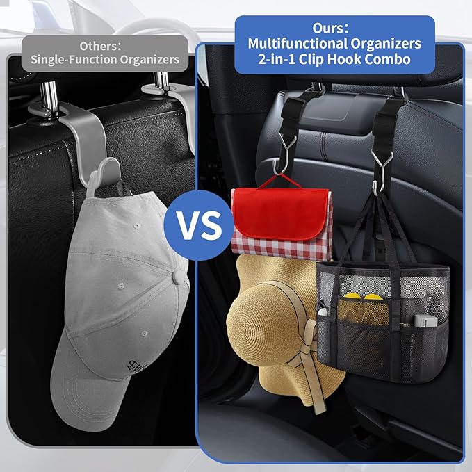 Headrest Hooks for Car, 2-in-1 Backseat Organizer with Bag Hook & Hat Clip, Extendable Universal Vehicle Storage Hanger Car Gifts for Purse, Grocery, Shopping Bag, Cap (2 Pack)