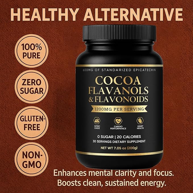 High Flavanol Cocoa Powder - Enhanced with Flavanol, Theobromine, Magnesium & Natural Flavonoids Blend, Supplement for Heart Health, Nitric Oxide & Energy, Sugar Free, Vegan, Non-GMO - 7.05oz (1)