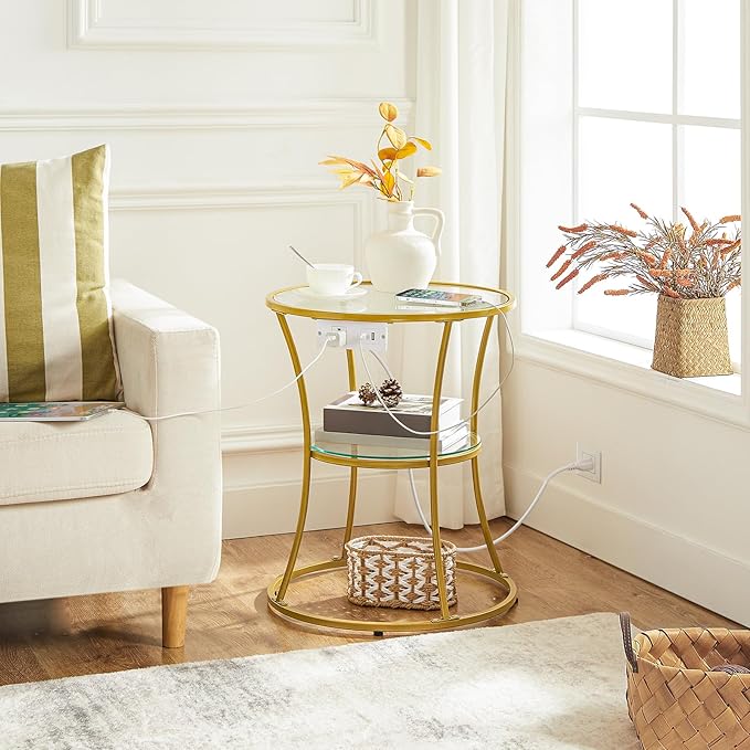 HOOBRO Round Coffee End Table with Charging Station, 2-Tier Small Accent Side Table with Glass Tabletop, Round Nightstand for Small Space in Living Room, Bedroom, Gold GD83UBZ01