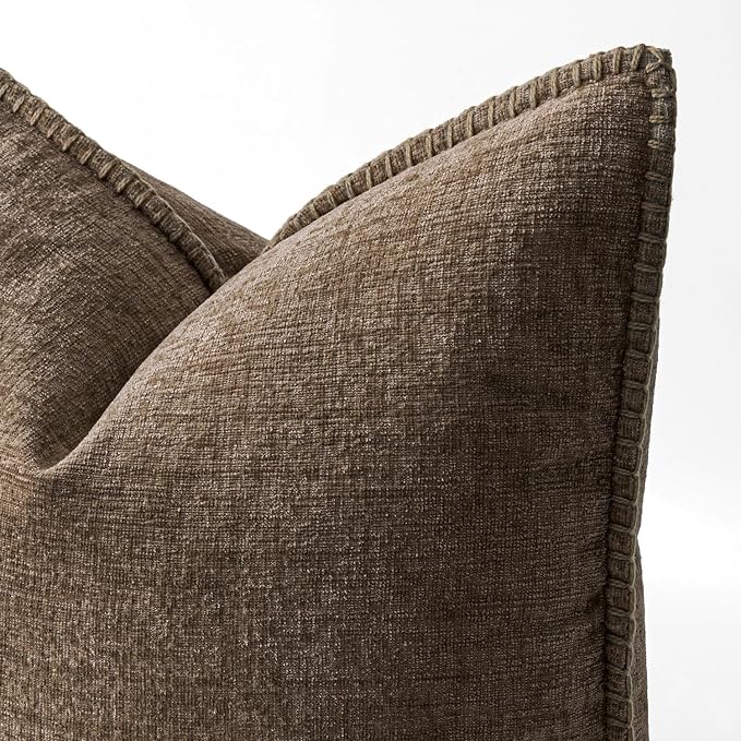 MIULEE Pack of 2 Euro Sham Pillow Covers 24x24 Inch Brown Farmhouse Decorative Throw Pillow Covers with Stitched Edge Soft Chenille Solid Dyed Pillow Covers for Bed Sofa Couch Living Room
