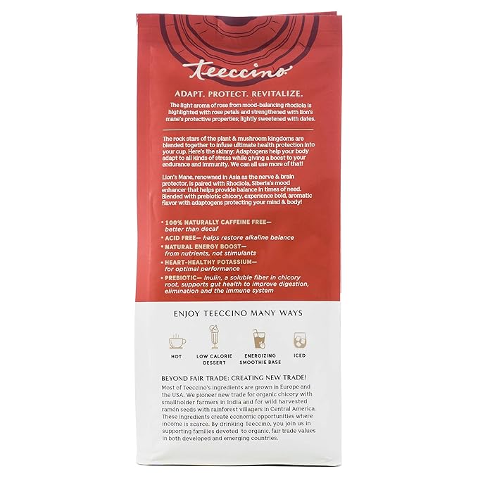 Teeccino Lion’s Mane Rhodiola Coffee Alternative - Rose - Adaptogenic Herbal Mushroom Coffee, Medium Roast, Caffeine Free, Prebiotic, Acid Free, All-Purpose Grind - 10 Oz