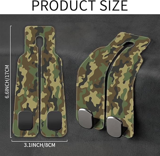 Camouflage Car Headrest Purse Hanger Camo Hunting Forest 1 Pack Bag Purse Holder for Car Premium Leather Double Metal Hook for Handbags, Grocery Bags and Phones