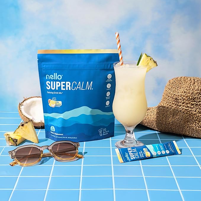 Nello Supercalm Powdered Drink Mix, Cortisol Reducer* and Sleep Aid Supplement, L Theanine, Ksm-66 Ashwagandha, Magnesium Glycinate, Vitamin D 3, No Sugar, Non GMO, On The Go, 20 Ct, Pina Colada