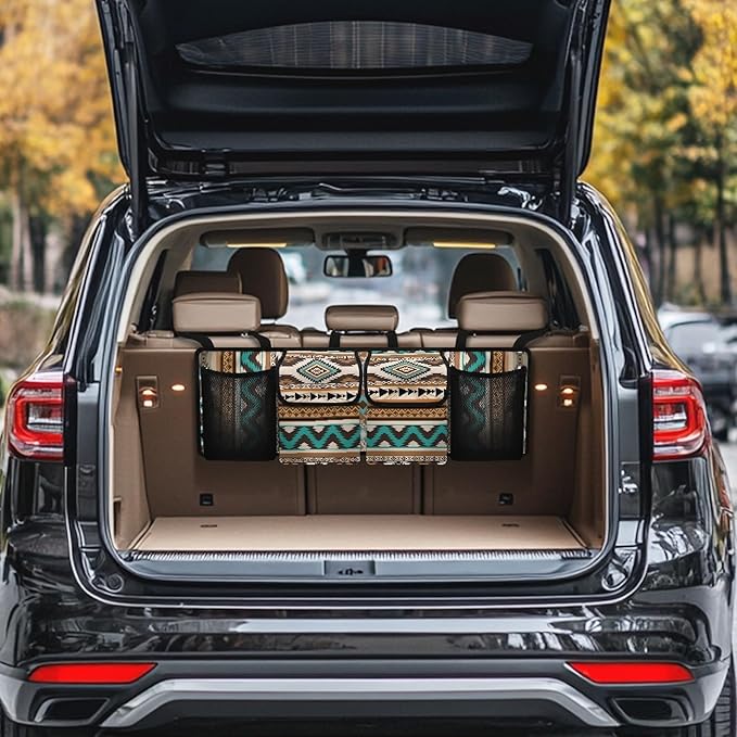 CLOHOMIN Aztec Southwest Gemoetric Car Trunk Organizer Back Seat Hanging Large Storage with 4 Pockets Collapsible Cargo Storage Bag for SUV, Truck, Auto