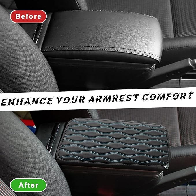 Car Center Console Pad, Waterproof PU Leather Auto Armrest Box Cover, Comfortable Vehicle Arm Rest Protector Cushion Pad for Car SUV, Universal Car Accessories (Black+Blue)