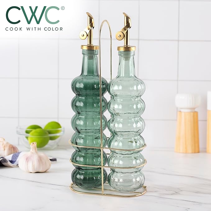 COOK WITH COLOR Glass Olive Oil Bottle Dispenser - 2 Pack- 17oz Oil and Vinegar Cruet - Olive Oil Carafe Decanter for Kitchen, Elegant Waves, Green