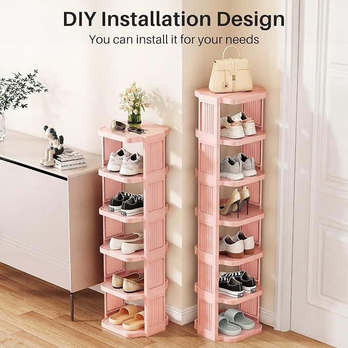 Kitstorack 10-Tier Vertical Plastic Shoe Rack, Freestanding Stackable Shoe Storage Organizer Cubes Shoe Shelf Tower or Small Closets and Tight Spaces, Pink
