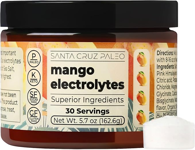 Santa Cruz Paleo Electrolyte Powder, Mango Flavor, Sugar Free Hydration Drink Mix with Himalayan Pink Salt, Sea Salt, Magnesium Glycinate, Potassium Chloride, Sweetened with Stevia, 30 Servings