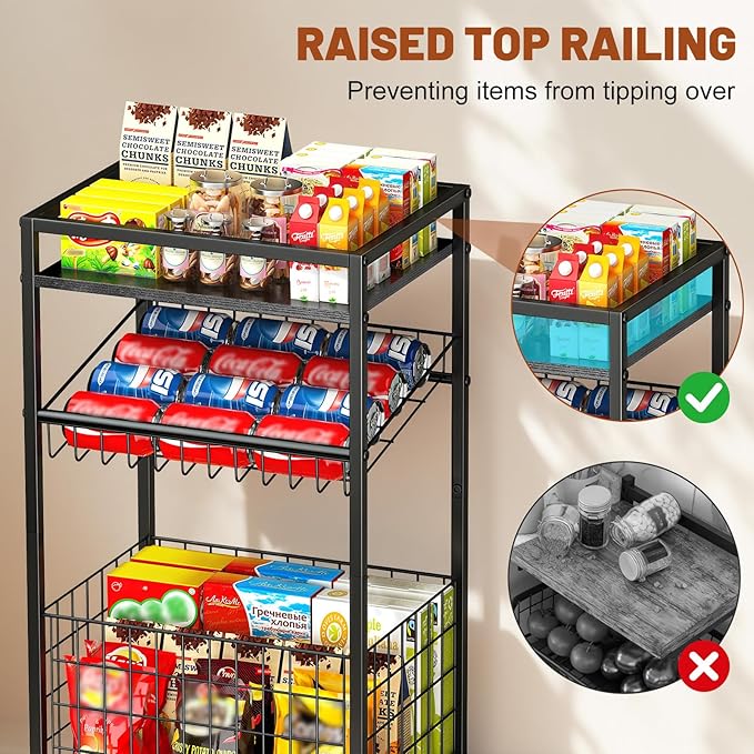Fruit Vegetable Cart, 3-Tier Snack Kitchen Cart on Wheels & Wood Top, Utility Shelf Rack Organizer for Fruit, Vegetables, Potato, Snack, Black
