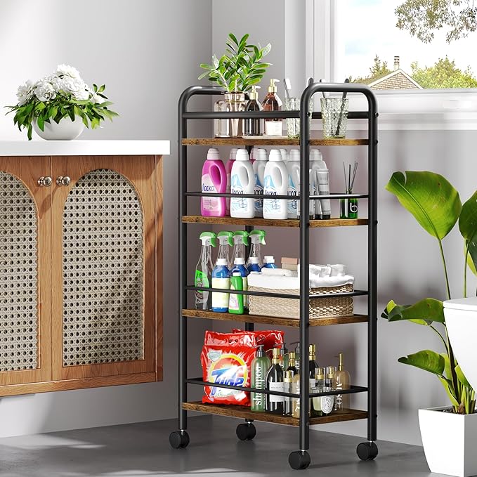 Slim Storage Cart, 4-Tier Small Rolling Cart with Wheels, 9.1" Deep, Narrow Bathroom Shelf Trolley for Kitchen, Bathroom, Laundry Room, Rustic Brown Large 4-Tier (9.1" W x 33.6" H)