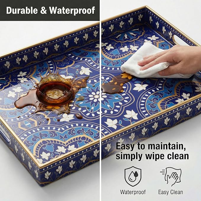 Zosenley Decorative Serving Tray with Handles - 15.7" x 11.8" Blue Mandala Pattern Rectangular Plastic Platter - Boho Coffee Table Tray for Ottoman, Breakfast in Bed & Living Room Decor