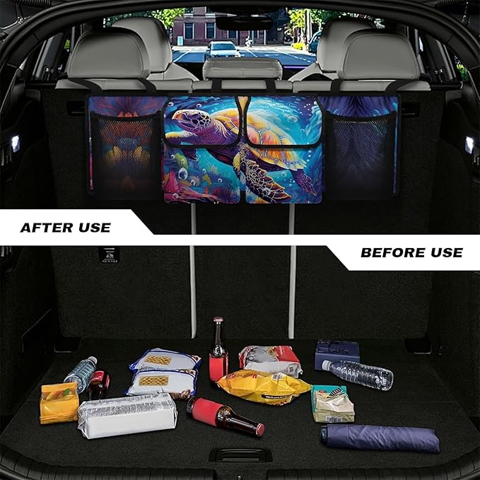 CLOHOMIN Sea Turtle Car Trunk Organizers for Women Men Back Seat Storage Bag with 4 Pockets Easy to Install Trunk Organizer for SUV Truck Sedan Hanging Car Interior Accessories