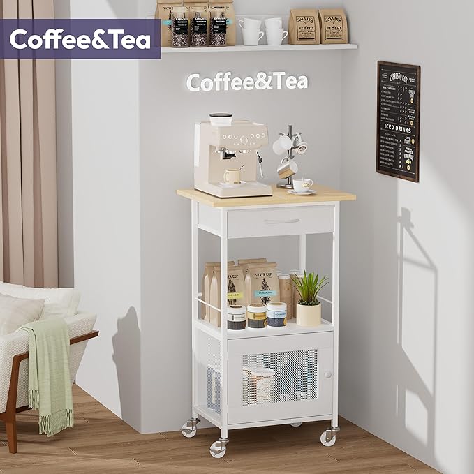 SWTYMIKI Buffets Coffee Bar Cabinet - Rolling Kitchen Rack, Farmhouse Small Coffee Stand with Storage Drawer and Door Cabinet - Kitchen Microwave Stand for Apartment, Living Room, Entryway, Natural