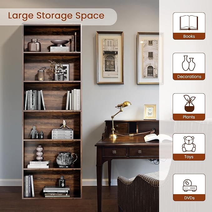 GRUSIGN 71" Tall 6-Tier Bookshelf, Large Open Display Bookcase with Ample Storage, Floor Standing Book Shelf for Living Room, Home Office, Bed Room, Brown