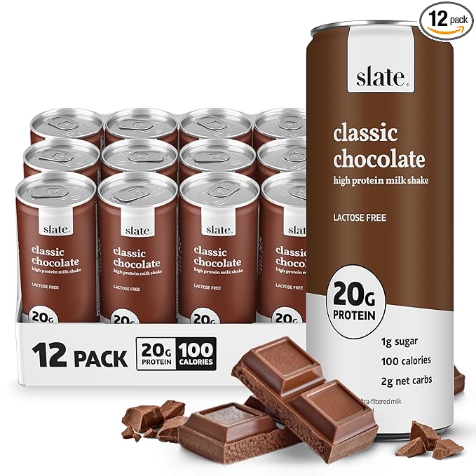 Slate Milk - High Protein Milk Shake - Classic Chocolate - Lactose Free, 20g Protein, 1g Sugar, 100 Calories, 2g Net Carbs, No Added Sugar - Natural, Breakfast Boost, Post Workout - 11 fl oz, 12 Cans