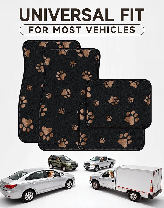 Cute Embroidered Dog Paw Car Floor Mats for Pet Lovers, Universal Fit All Weather Car Mats with Anti-Slip Nibbs Backing, Carpet Floor Mats for Cars, Trucks & Sedans, Full Set of 4 (Brown Paw)