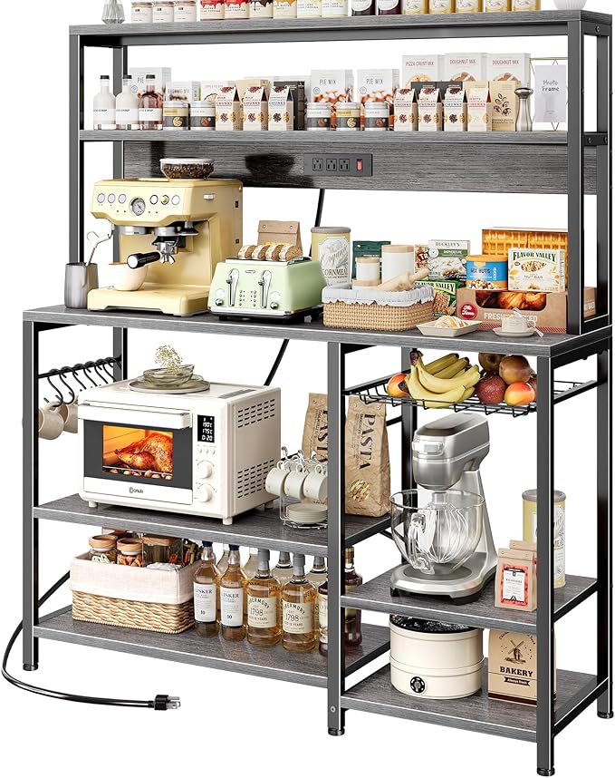 SUPERJARE Bakers Rack with Power Outlet, 47.2 Inches Coffee Bar with Wire Basket, Kitchen Microwave Stand with 6 S-Shaped Hooks, Open Storage Shelves, Grey