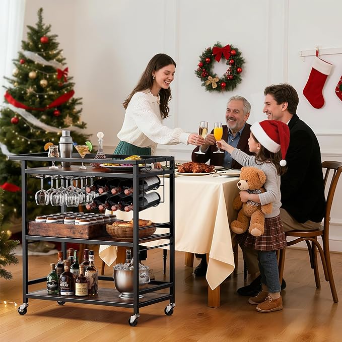 Leteuke Bar Cart for Home, 3 Tier Black Serving Rolling Carts with Wheels, Drink Cart, Liquor Stand with Removable Tray, Wine Rack and Glass Holder for Kitchen, Outdoor, Dining Room-Black Brown