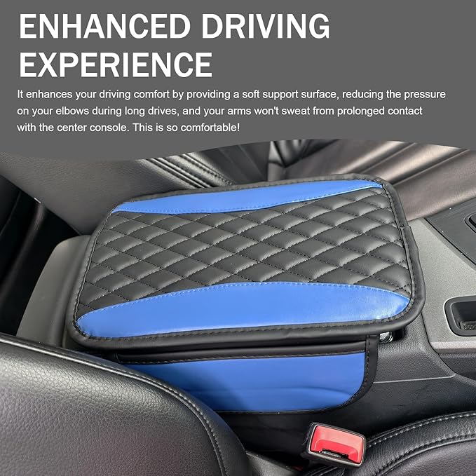 Car Center Console Cover, Patchwork Leather Armrest Cover Cushion with 2 Storage Bag, Waterproof Comfortable Auto Arm Rest Pad, Universal Center Console Protector for Sedan, SUV (Blue)