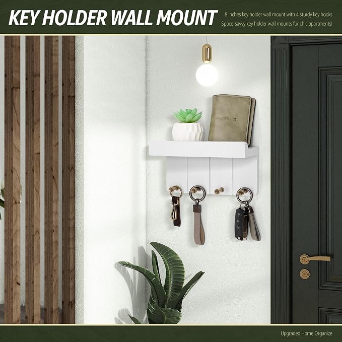Rebee Vision Small Key Holder Wall Mount - Aesthetic Room Decor with 4 Study Hooks and Mini Floating Shelf - Ideal Apartment Essentials for Farmhouse Living Room and Home Decor (Modern White)