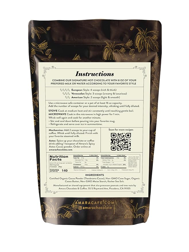 Amara Unique Venezuelan Flavors. Hot Chocolate "Gran Criollo" Dark Chocolate Blend 12 oz Bag with Golden Measuring Scoop & Clip Multi Fuction.