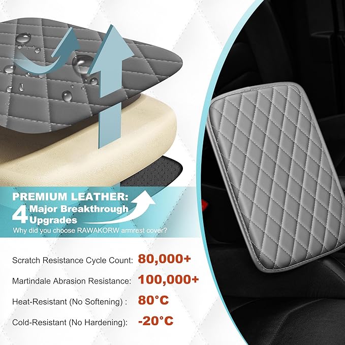 Center Console Cover Fit for Kia Sportage 2005-2025 with 2 Storage Bags Waterproof Leather Quilted Pattern Car Armrest Cover Cushion Anti - Slip(Grey&White Line)