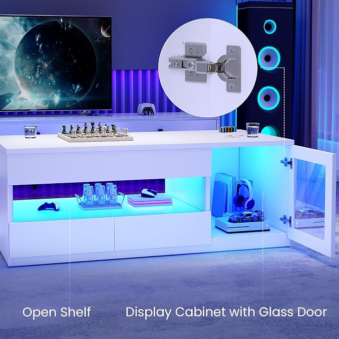 Itaar 39.4" Lift Top Coffee Table with 2 Drawers, Modern LED Coffee Tables for Living Room, Coffee Table with Glass Storage Cabinet, White