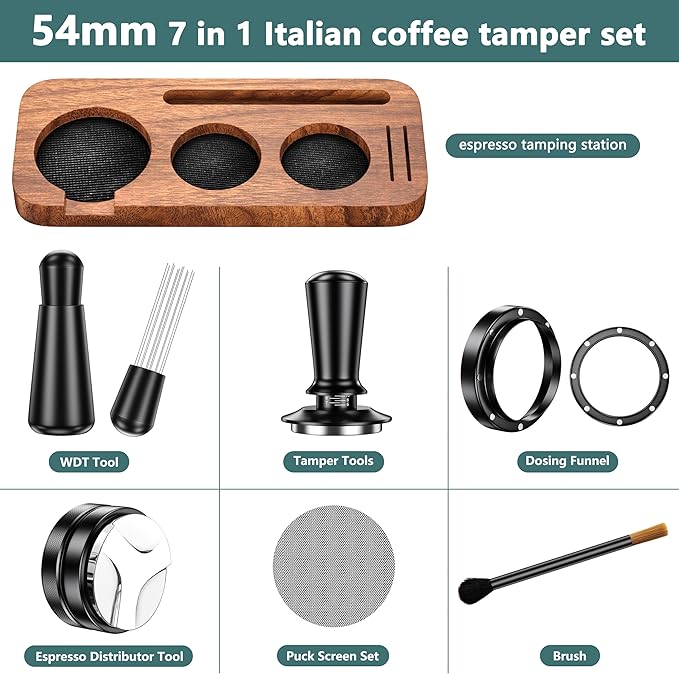 7 Pack Espresso Accessories Kit,54mm Espresso Tool Kit | Espresso Tamping Station | Coffee Distributor Tamper | WDT Tool | Dosing Funnel | Expresso Puck Screen | Christmas Gift for Espresso Lovers