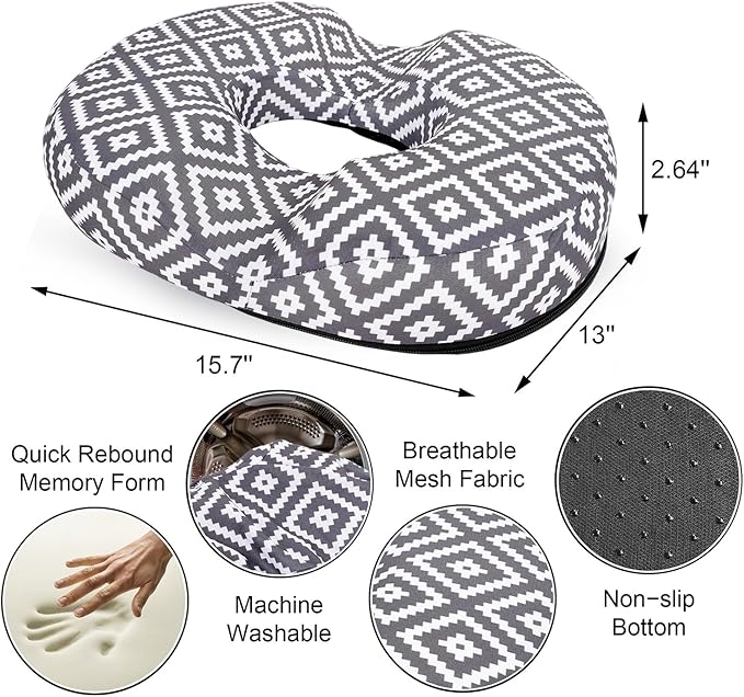 Donut Pillow for Hemorrhoids Seat Cushion for Tailbone Pain Relief - Gray Home Office Chair Cushion for Long Sitting Work - Memory Foam Car Seat Cushions for Driving Butt Pain Pressure