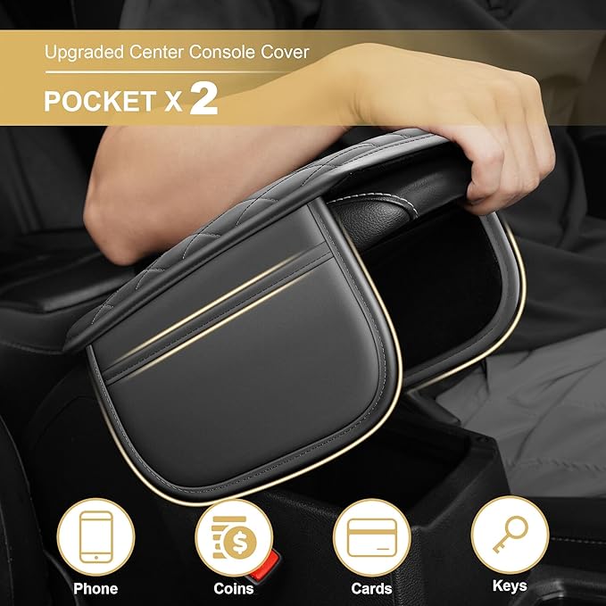 Center Console Cover Fit for CR-V: Scratch and Wear Resistant Console Cover Leather with 2 Storage Bags -Upgraded Armrest Coverfor Car,Anti-Scratch Auto Armrest Pad Accessory （Black