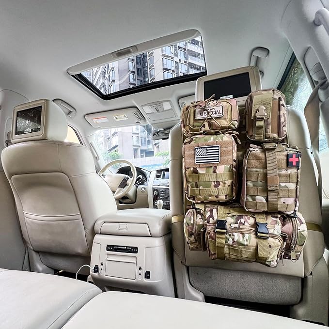 Tactical Vehicle Seat Back Organizer, Universal Tactical Seat Cover Molle Panel with 5 Detachable Pouches - Medical, Phone, Admin Storage Bags Fit for Jeep Truck Car Camping Off Road (CP Camo)