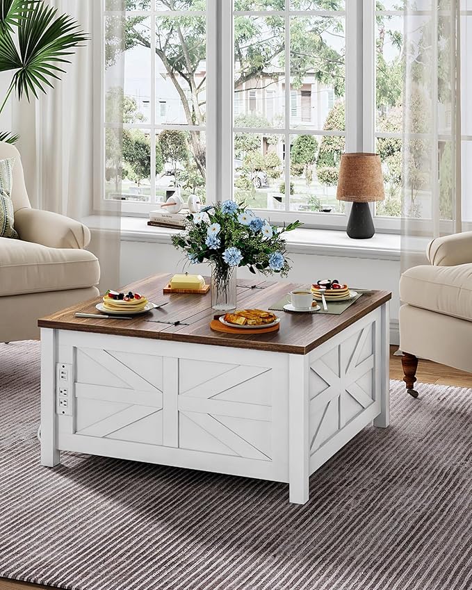 31.5" Lift Top Coffee Table, Farmhouse Coffee Table with Charging Station and Storage, 2 AC Outlets and 2 USB Ports, White and Walnut MKF02UWAN1