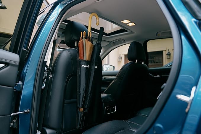 Maxsa 25577 Car Umbrella Holder, Headrest Organizer Holds 2 Umbrellas, Waterproof Seat Back Organizer, Car Truck Back Seat Umbrella Storage Holder, Black