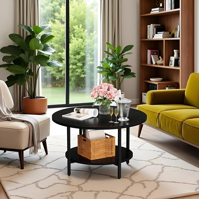 FAMIDGE Coffee Table, 27.6“ Circle Coffee Tables for Living Room, 2 Tier Round Coffee Table with Storage, Wood Accent Center Floor Table for Bedroom, Industrial Home Office, Black (27.6" D x 17.7" H)