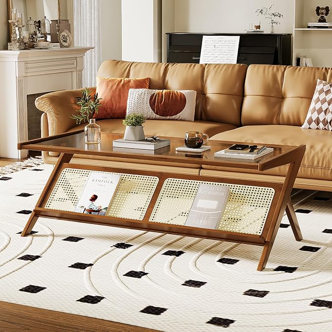 Bamworld Rattan Coffee Table with Glass Top Mid-Century Modern Center Table with Storage for Living Room Table Brown