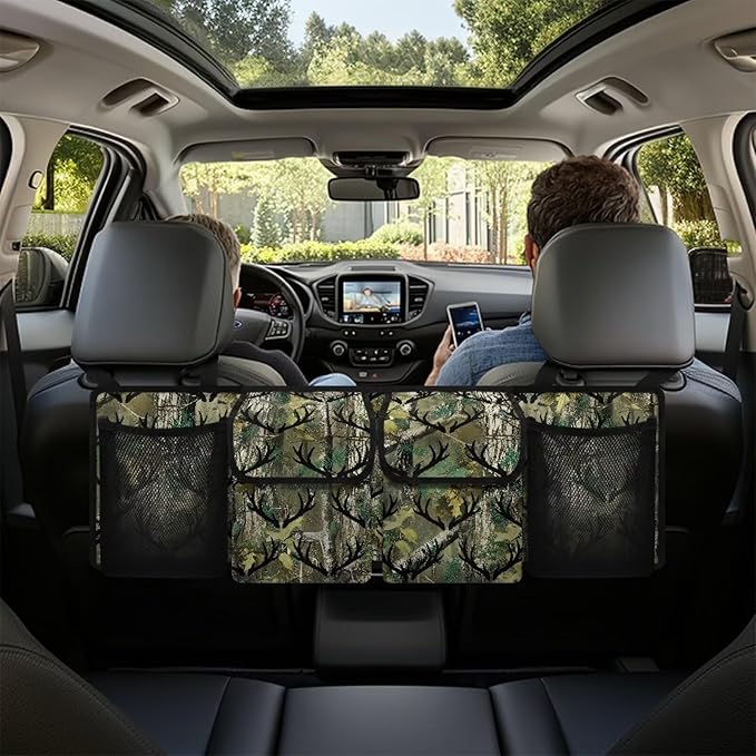 Camouflage Antler Tree Car Trunk Organizer SUV with 3 Non-slip Strips, Back Hanging Car Storage Organizer with Pockets, Auto Accessories Interior Decoration