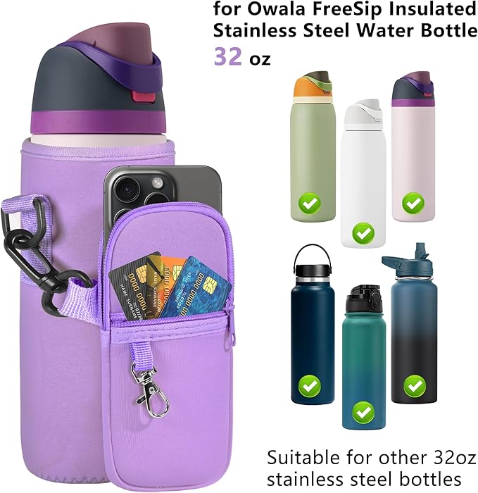 Water Bottle Carrier Bag with Strap for Owala FreeSip 24/32oz with Detachable Phone Pocket for Owala Accessories 24/32oz Water Bottle Sleeve for Walking Camping Gym