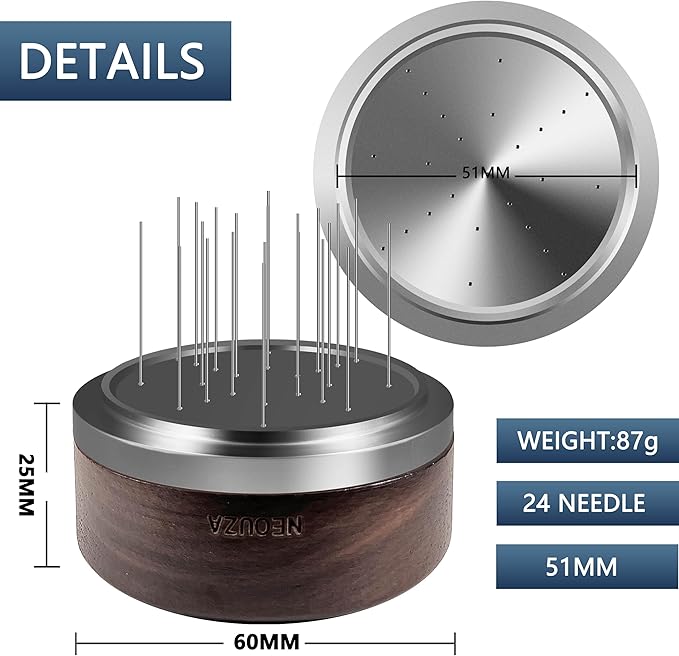 NEOUZA Palm WDT Tool Spinning Espresso Stirrer with Cover,24 Pins, 3 Length Trimmable, Distribution Leveler Accessories for Coffee Machine Portafilters (51mm)