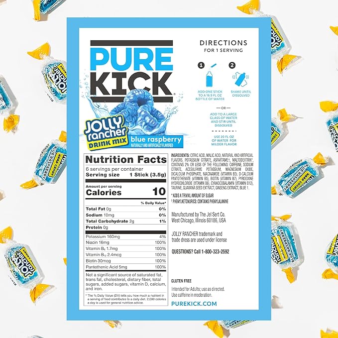 PURE KICK Energy Singles To Go Drink Mix, Jolly Rancher Blue Raspberry, Includes 12 Boxes with 6 Packets in each Box, 72 Total Packets