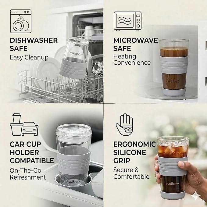 16oz Double Wall All Glass Tumbler with Lid, Dishwasher Safe & Microwavable Glass Travel Mug, Clear Coffee Tumbler To Go, Reusable Ceramic Cup for Hot & Cold Drinks