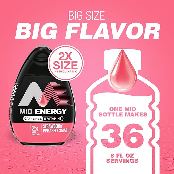 MiO Energy Strawberry Pineapple Smash Naturally Flavored with other natural flavors Liquid Water Enhancer Drink Mix with Caffeine & B Vitamins with 2X More (3.24 fl. oz. Bottle) (Pack of 4)