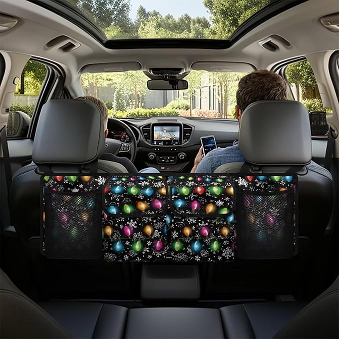 Christmas Colorful Lights Trunk Organizer,Capacity Car SUV Organizer with Elastic Net, Hanging Car Storage Bag with Lids, Space Saving Expert