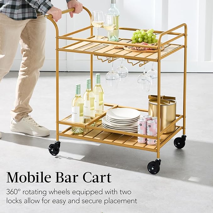Best Choice Products Rolling Bar Cart, Mobile Home Bar Serving Cart, Serving Station w/ 2 Tier Shelves, Wine Rack, Lockable Wheels - Gold