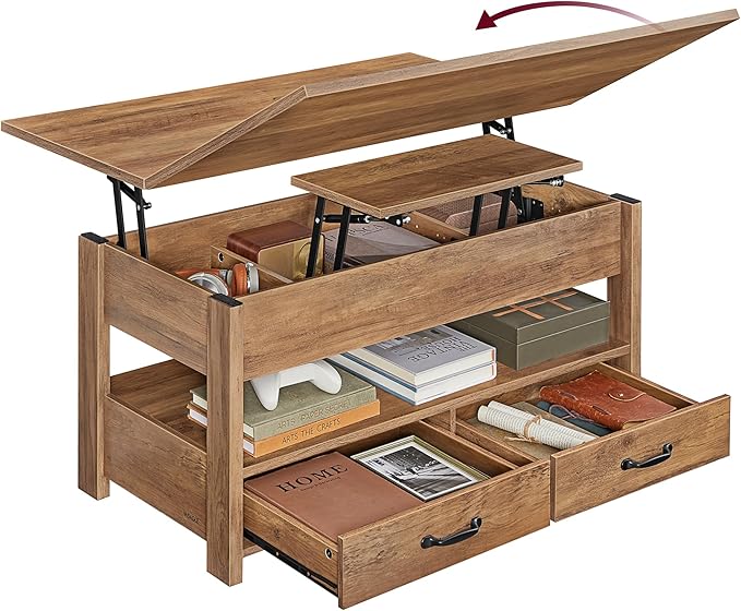 VASAGLE Coffee Table Lift Top, 3 in 1 Center Table with Storage, Gas Spring, 2 Drawers and 3 Hidden Compartments, Open Shelf, for Living Room, Home Office, Honey Brown ULCT254K01