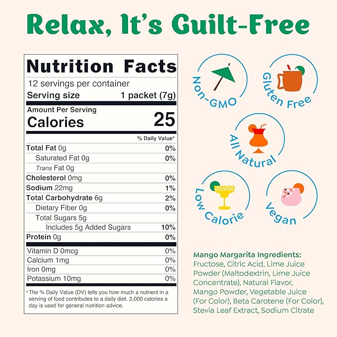 Craftmix Mango Margarita Cocktail & Mocktail Drink Mixer, Skinny Mixes - Water Flavoring Packets - Made With Real Fruit - Vegan, Low-Carb, Low-Sugar, Non-GMO, Dairy Free, Gluten Free, 12 Pack